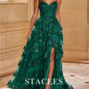 Green Ruffle Slit Prom Dress with Sequins
